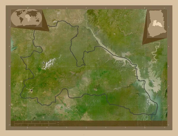ガーナの地域 ボノ東 低解像度衛星地図 地域の主要都市の場所 コーナー補助位置図 — ストック写真