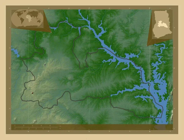 ガーナの地域 ボノ東 湖や川と色の標高マップ 地域の主要都市の場所 コーナー補助位置図 — ストック写真