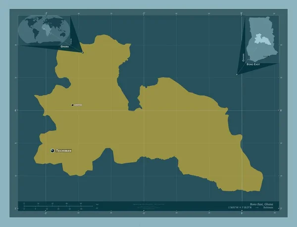 Bono East 加纳地区 固体的颜色形状 该区域主要城市的地点和名称 角辅助位置图 — 图库照片