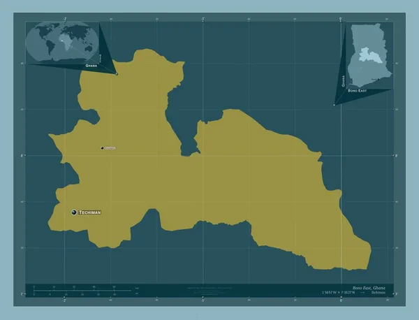 ガーナの地域 ボノ東 しっかりした色の形 地域の主要都市の位置と名前 コーナー補助位置図 — ストック写真