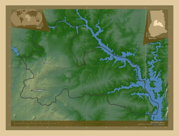 Bono East 加纳地区 有湖泊和河流的彩色高程图 该区域主要城市的地点和名称 角辅助位置图 — 图库照片