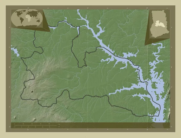 Bono East 加纳地区 用Wiki风格绘制的带有湖泊和河流的高程地图 角辅助位置图 — 图库照片