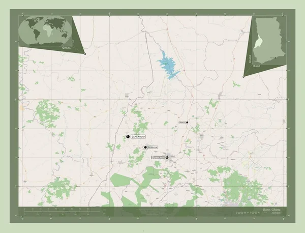 加纳地区的Bono 开放街道地图 该区域主要城市的地点和名称 角辅助位置图 — 图库照片