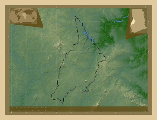 Bono Region Ghana Colored Elevation Map Lakes Rivers Corner Auxiliary — Stock Photo, Image