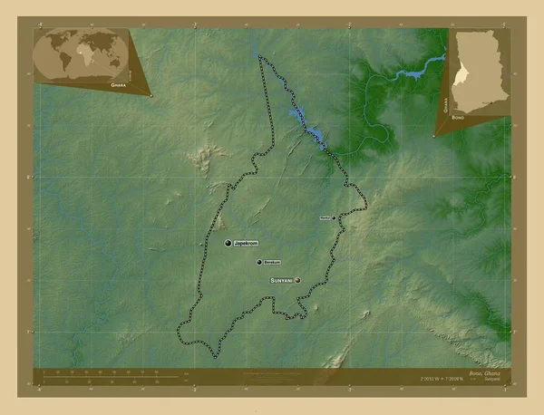 Bono Região Gana Mapa Elevação Colorido Com Lagos Rios Locais — Fotografia de Stock