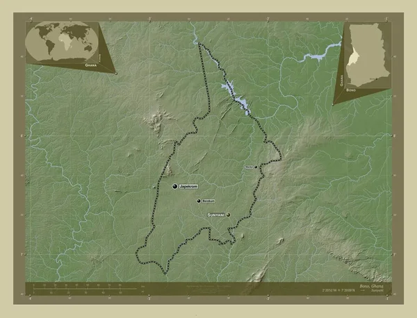 ガーナのボノ地方 湖や川とWikiスタイルで着色された標高マップ 地域の主要都市の位置と名前 コーナー補助位置図 — ストック写真