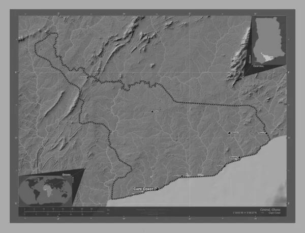 Centre Région Ghana Carte Altitude Bilevel Avec Lacs Rivières Emplacements — Photo