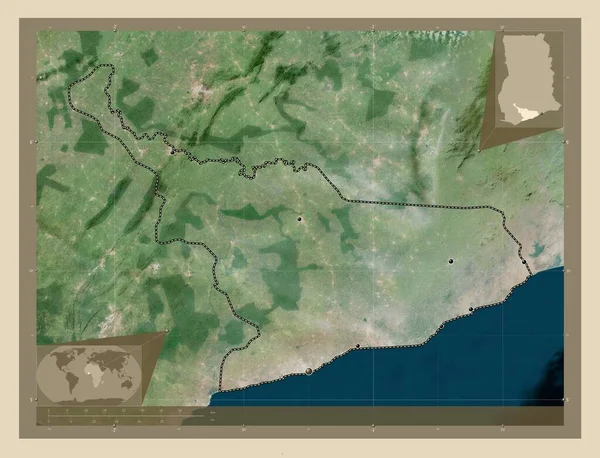 加纳中部地区 高分辨率卫星地图 该区域主要城市的所在地点 角辅助位置图 — 图库照片