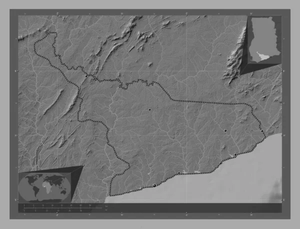 Central Región Ghana Mapa Elevación Bilevel Con Lagos Ríos Ubicaciones —  Fotos de Stock