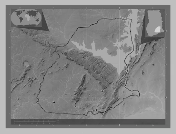 Wschodni Region Ghany Mapa Wzniesień Skali Szarości Jeziorami Rzekami Lokalizacje — Zdjęcie stockowe