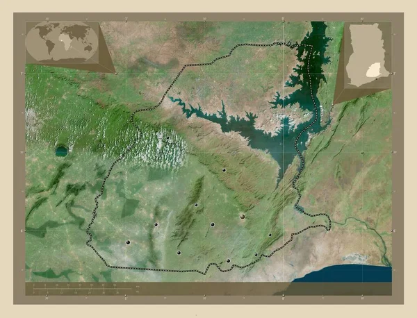 ガーナの地域 高解像度衛星地図 地域の主要都市の場所 コーナー補助位置図 — ストック写真