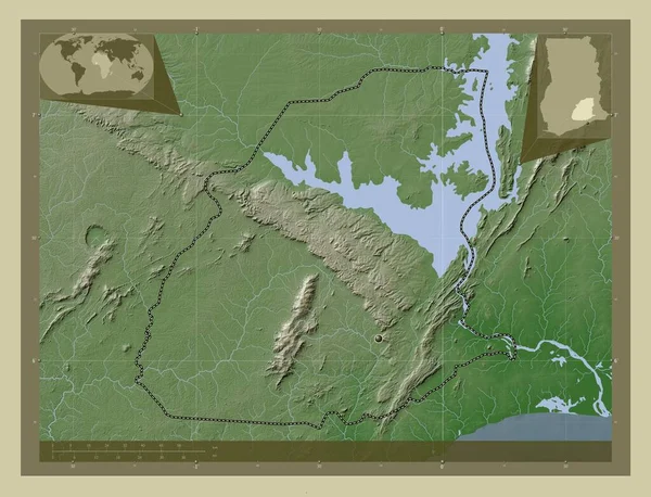 加纳地区 用Wiki风格绘制的带有湖泊和河流的高程地图 角辅助位置图 — 图库照片