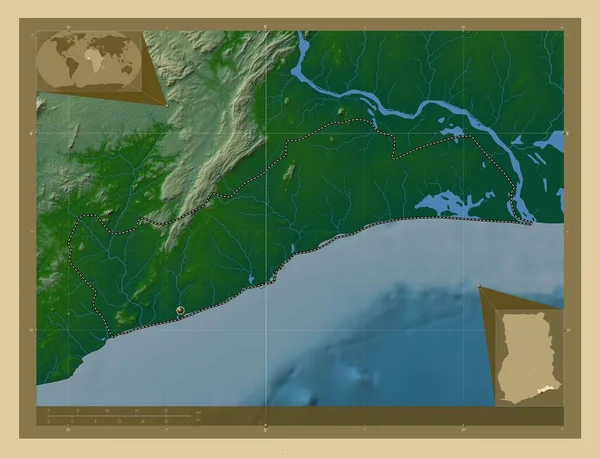 Більша Аккра Гана Кольорові Карти Висот Озерами Річками Кутові Допоміжні — стокове фото