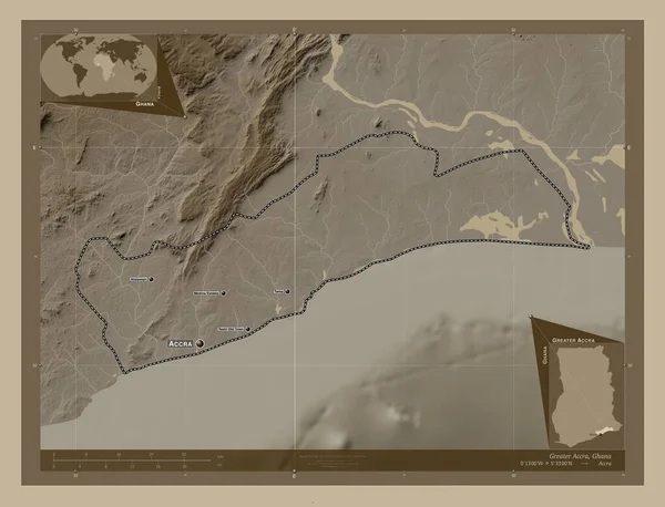 Большая Аккра Район Ганы Карта Высоты Окрашенная Сепиевые Тона Озерами — стоковое фото