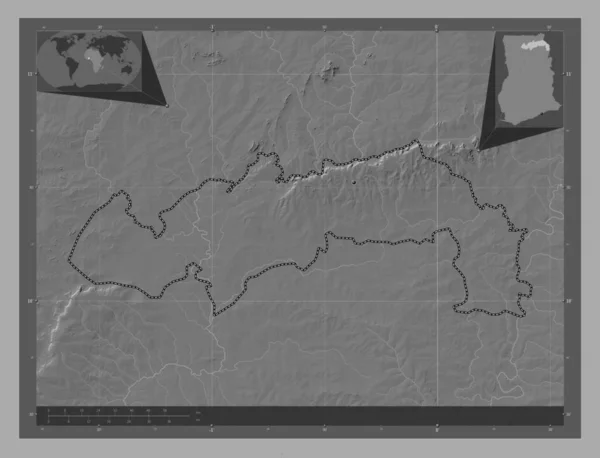 Północny Wschód Region Ghany Dwupoziomowa Mapa Jeziorami Rzekami Lokalizacje Dużych — Zdjęcie stockowe