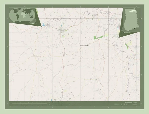 Nord Est Regione Del Ghana Mappa Stradale Aperta Località Nomi — Foto Stock