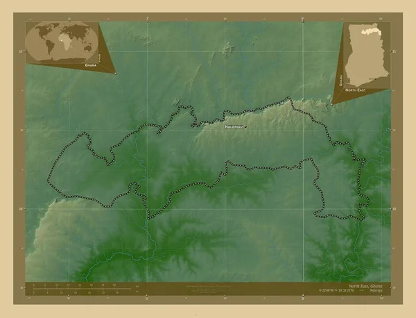 东北部 加纳地区 有湖泊和河流的彩色高程图 该区域主要城市的地点和名称 角辅助位置图 — 图库照片