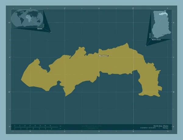 北東部 ガーナの地域 しっかりした色の形 地域の主要都市の位置と名前 コーナー補助位置図 — ストック写真