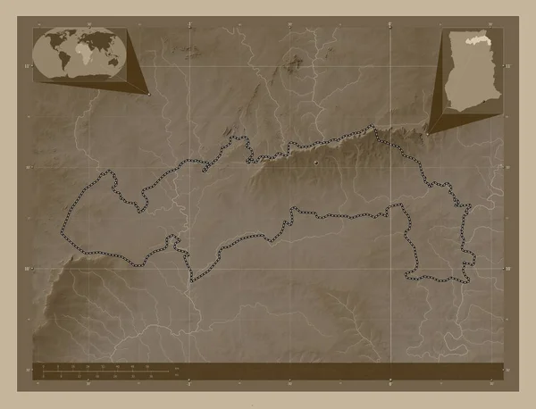 Severovýchod Oblast Ghana Zdvihová Mapa Zbarvená Sépiovými Tóny Jezery Řekami — Stock fotografie