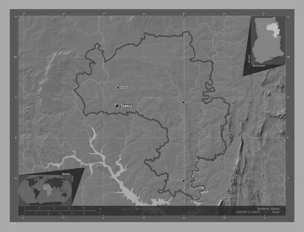 Northern, region of Ghana. Bilevel elevation map with lakes and rivers. Locations and names of major cities of the region. Corner auxiliary location maps