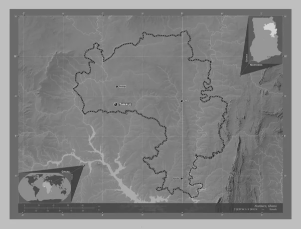 Northern, region of Ghana. Grayscale elevation map with lakes and rivers. Locations and names of major cities of the region. Corner auxiliary location maps