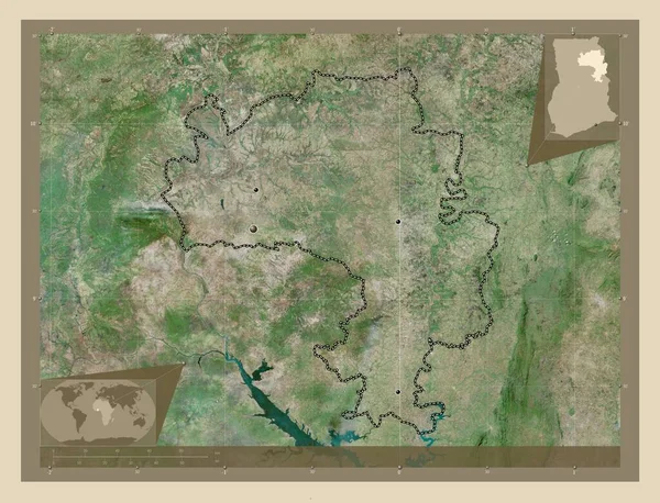 加纳北部 高分辨率卫星地图 该区域主要城市的所在地点 角辅助位置图 — 图库照片