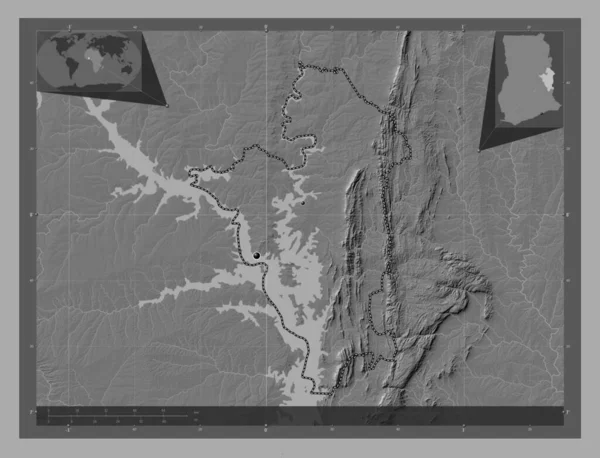 Oti Región Ghana Mapa Elevación Bilevel Con Lagos Ríos Ubicaciones — Foto de Stock