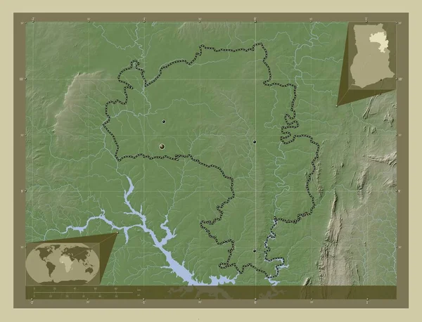 ガーナの地域 湖や川とWikiスタイルで着色された標高マップ 地域の主要都市の場所 コーナー補助位置図 — ストック写真