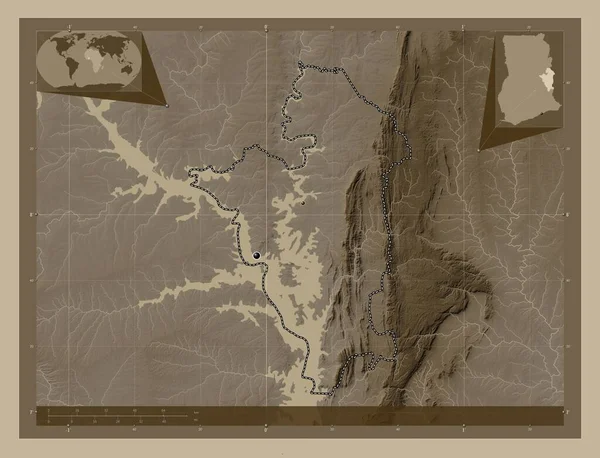 Oti Región Ghana Mapa Elevación Coloreado Tonos Sepia Con Lagos — Foto de Stock