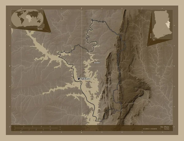 Ότι Περιοχή Γκάνα Υψόμετρο Χάρτη Χρωματισμένο Τόνους Σέπια Λίμνες Και — Φωτογραφία Αρχείου