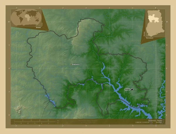 Саванна Район Гани Кольорові Карти Висот Озерами Річками Місця Розташування — стокове фото