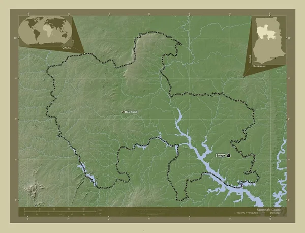 Savannah Region Ghany Mapa Wzniesień Kolorowa Stylu Wiki Jeziorami Rzekami — Zdjęcie stockowe