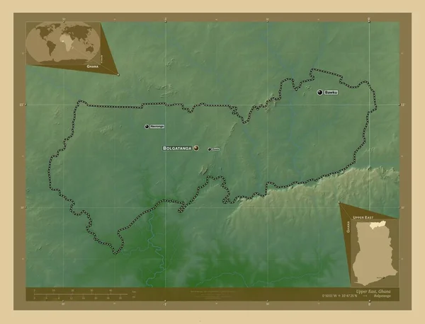 Górny Wschód Region Ghany Kolorowa Mapa Wzniesień Jeziorami Rzekami Lokalizacje — Zdjęcie stockowe