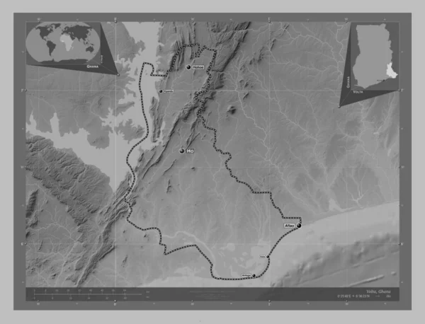 Вольта Регіон Гана Граймасштабна Мапа Висот Озерами Річками Місця Розташування — стокове фото