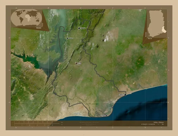加纳地区的沃尔塔 低分辨率卫星地图 该区域主要城市的地点和名称 角辅助位置图 — 图库照片