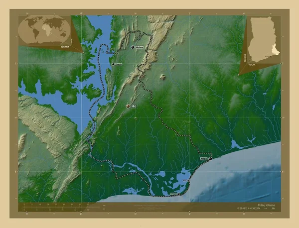 ヴォルタ ガーナの地域 湖や川と色の標高マップ 地域の主要都市の位置と名前 コーナー補助位置図 — ストック写真