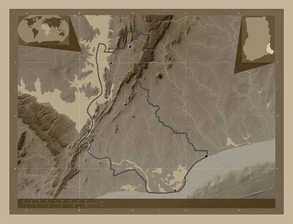 Вольта Район Ганы Карта Высоты Окрашенная Сепиевые Тона Озерами Реками — стоковое фото