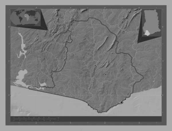Oeste Región Ghana Mapa Elevación Bilevel Con Lagos Ríos Ubicaciones — Foto de Stock