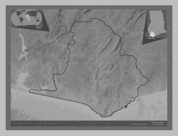 Western Region Ghana Grayscale Elevation Map Lakes Rivers Locations Names — Stock Photo, Image