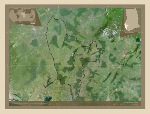 西北部 ガーナの地域 高解像度衛星地図 地域の主要都市の位置と名前 コーナー補助位置図 — ストック写真