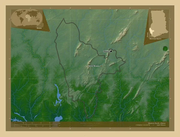西北部 ガーナの地域 湖や川と色の標高マップ 地域の主要都市の位置と名前 コーナー補助位置図 — ストック写真