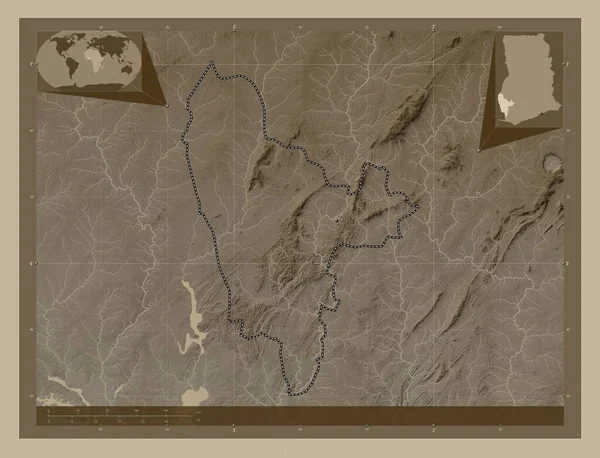 Δυτικός Βορράς Περιοχή Γκάνα Υψόμετρο Χάρτη Χρωματισμένο Τόνους Σέπια Λίμνες — Φωτογραφία Αρχείου