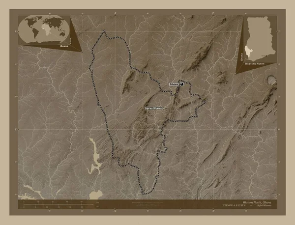 Norte Ocidental Região Gana Mapa Elevação Colorido Tons Sépia Com — Fotografia de Stock