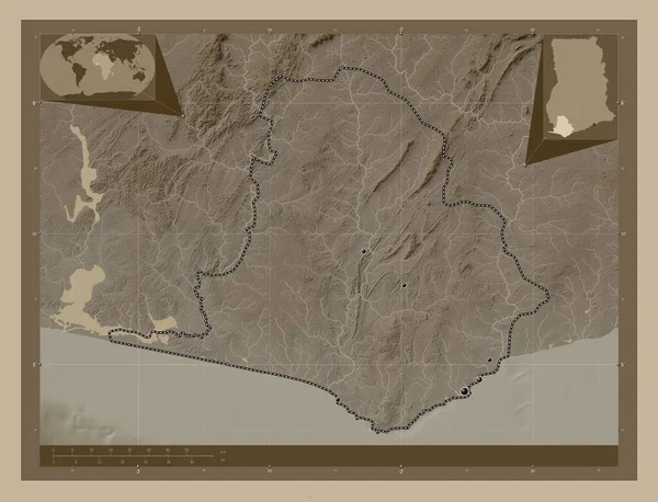 Oeste Região Gana Mapa Elevação Colorido Tons Sépia Com Lagos — Fotografia de Stock