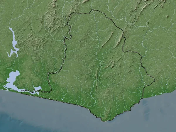 Västra Delen Ghana Höjd Karta Färgad Wiki Stil Med Sjöar — Stockfoto
