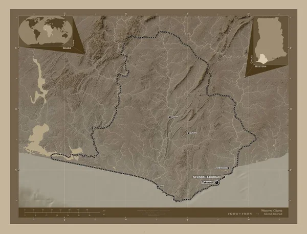 Oeste Región Ghana Mapa Elevación Coloreado Tonos Sepia Con Lagos —  Fotos de Stock