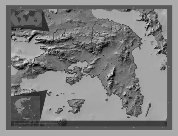 希腊的分权行政管理 带湖泊和河流的比尔维尔高程图 该区域主要城市的所在地点 角辅助位置图 — 图库照片