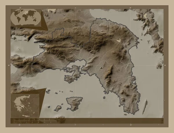 Atény Decentralizovaná Správa Řecka Zdvihová Mapa Zbarvená Sépiovými Tóny Jezery — Stock fotografie