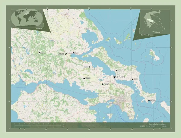 希腊中部 希腊行政权力分散 开放街道地图 该区域主要城市的地点和名称 角辅助位置图 — 图库照片