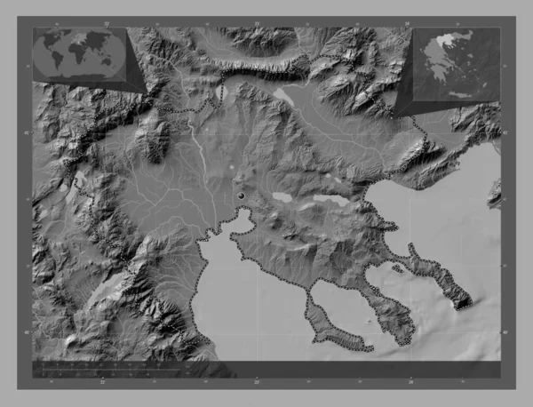 马其顿中部 希腊行政权力分散 带湖泊和河流的比尔维尔高程图 角辅助位置图 — 图库照片